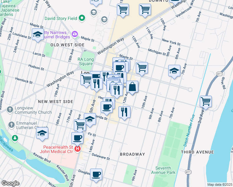 map of restaurants, bars, coffee shops, grocery stores, and more near 1233 Commerce Avenue in Longview