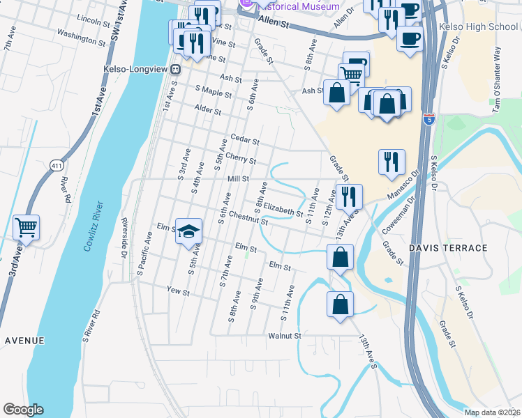 map of restaurants, bars, coffee shops, grocery stores, and more near 1103 South 8th Avenue in Kelso