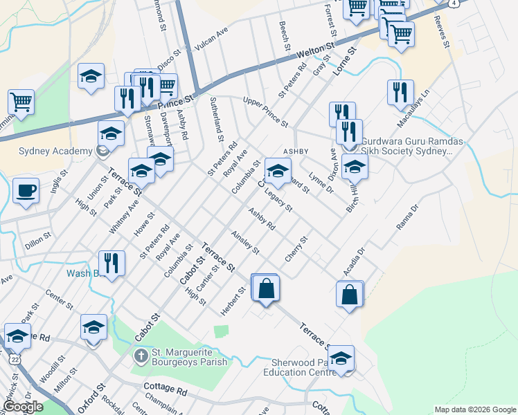 map of restaurants, bars, coffee shops, grocery stores, and more near 216 Ashby Road in Sydney