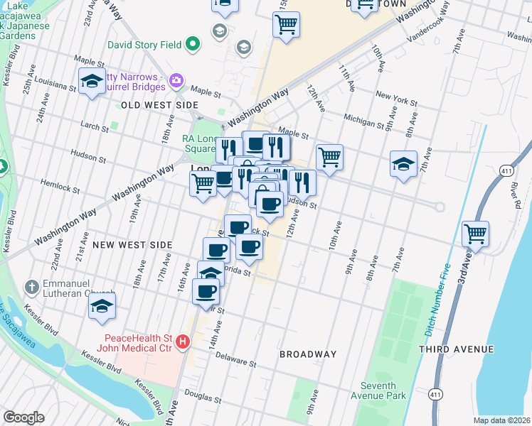 map of restaurants, bars, coffee shops, grocery stores, and more near 1351 Hudson Street in Longview