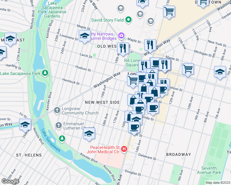 map of restaurants, bars, coffee shops, grocery stores, and more near 1162 18th Avenue in Longview
