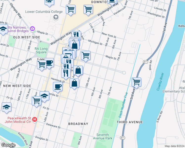 map of restaurants, bars, coffee shops, grocery stores, and more near 952 Hudson Street in Longview