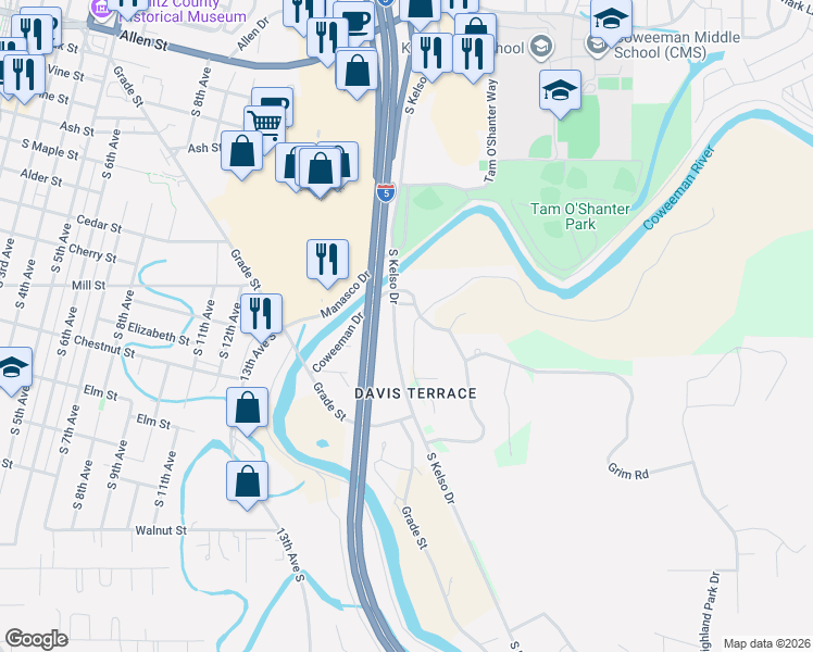 map of restaurants, bars, coffee shops, grocery stores, and more near 1804 East Terrace Way in Kelso