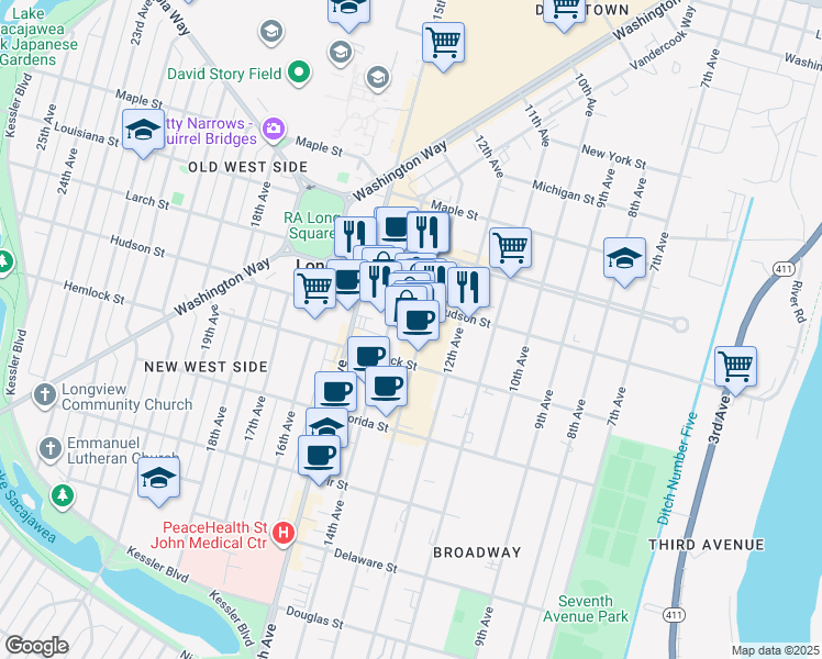 map of restaurants, bars, coffee shops, grocery stores, and more near 1239 Commerce Avenue in Longview