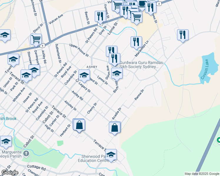 map of restaurants, bars, coffee shops, grocery stores, and more near 62 Lynne Drive in Sydney