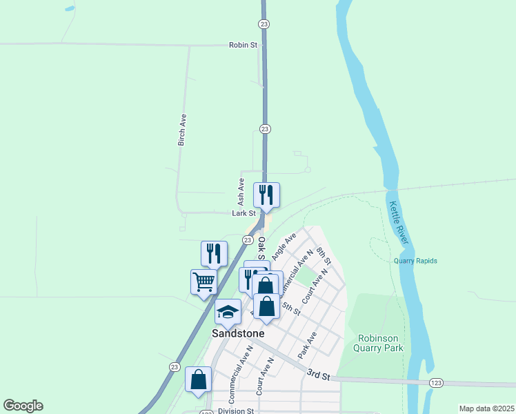 map of restaurants, bars, coffee shops, grocery stores, and more near 1214 Ash Avenue in Sandstone
