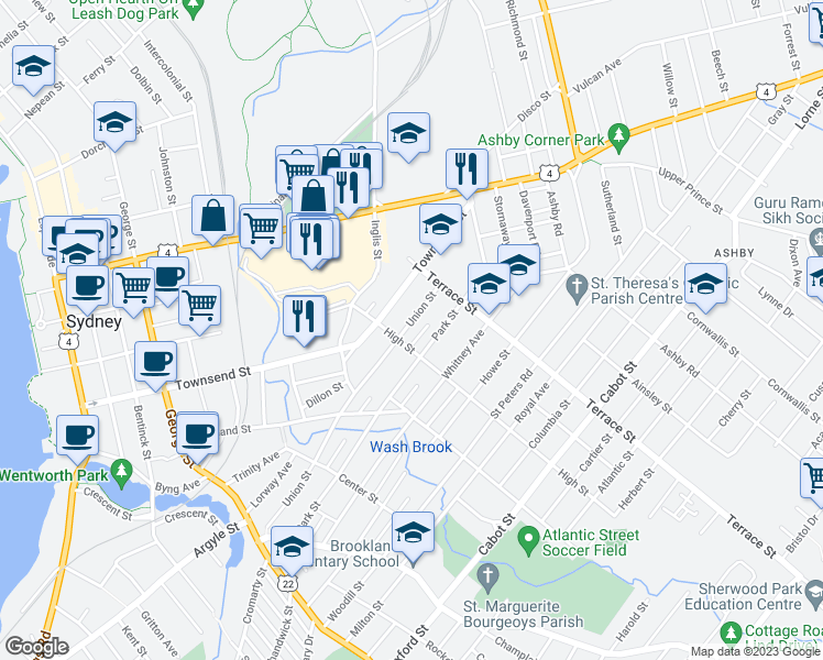 map of restaurants, bars, coffee shops, grocery stores, and more near 244 Union Street in Sydney