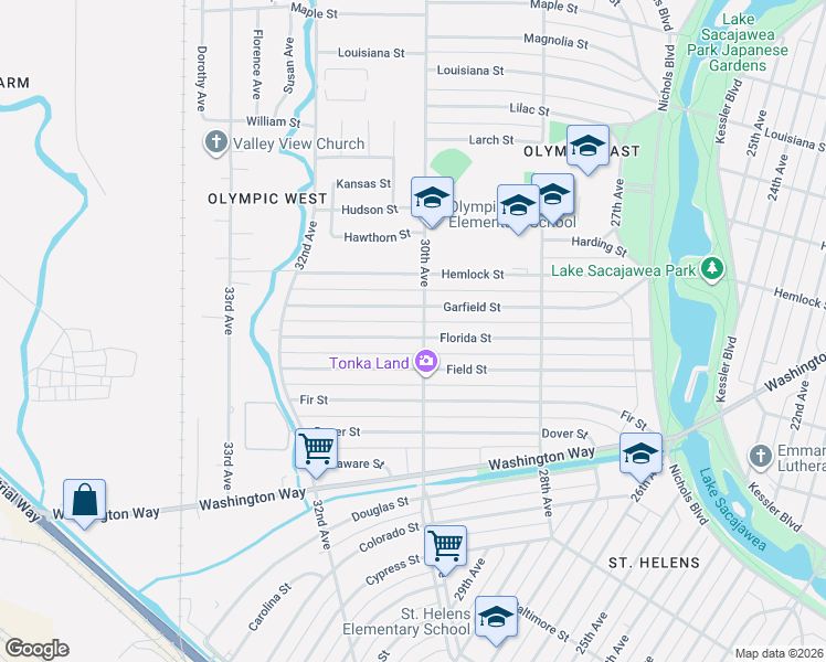 map of restaurants, bars, coffee shops, grocery stores, and more near 3008 Florida Street in Longview