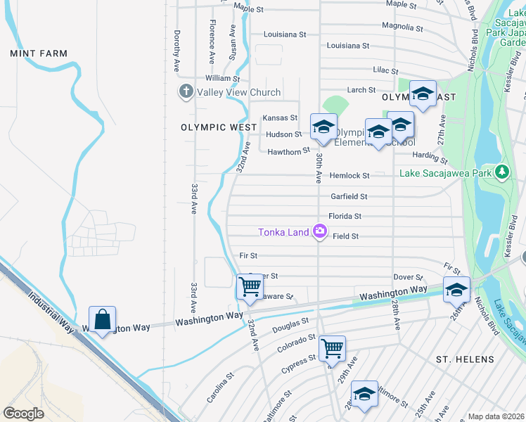 map of restaurants, bars, coffee shops, grocery stores, and more near 3125 Garfield Street in Longview