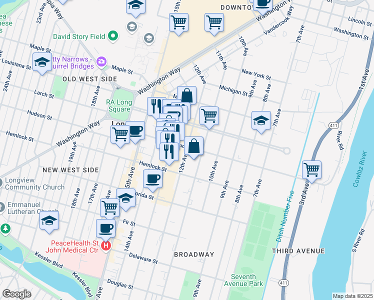 map of restaurants, bars, coffee shops, grocery stores, and more near 1266 12th Avenue in Longview