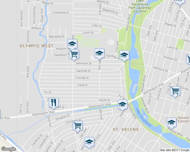 map of restaurants, bars, coffee shops, grocery stores, and more near 2818 Florida Street in Longview