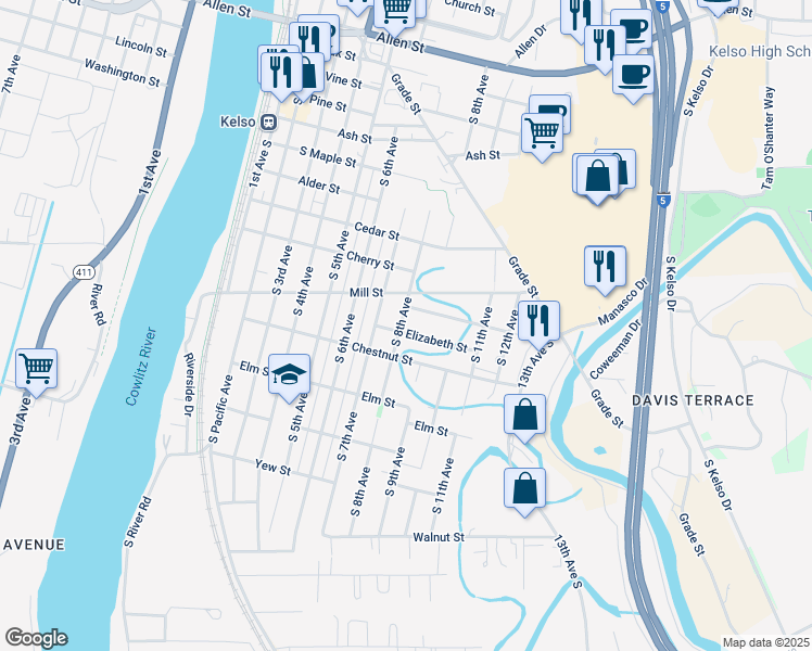 map of restaurants, bars, coffee shops, grocery stores, and more near 801 Elizabeth Street in Kelso