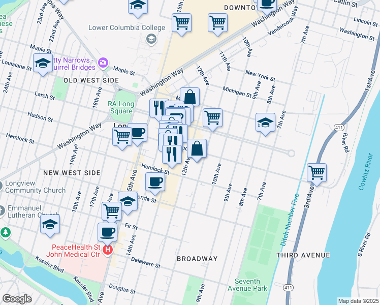 map of restaurants, bars, coffee shops, grocery stores, and more near 1266 12th Avenue in Longview