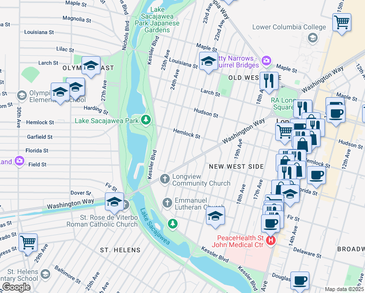 map of restaurants, bars, coffee shops, grocery stores, and more near 1133 22nd Avenue in Longview