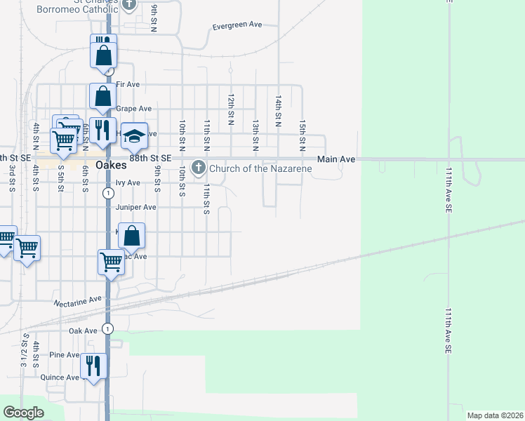 map of restaurants, bars, coffee shops, grocery stores, and more near 1318 Juniper Avenue in Oakes