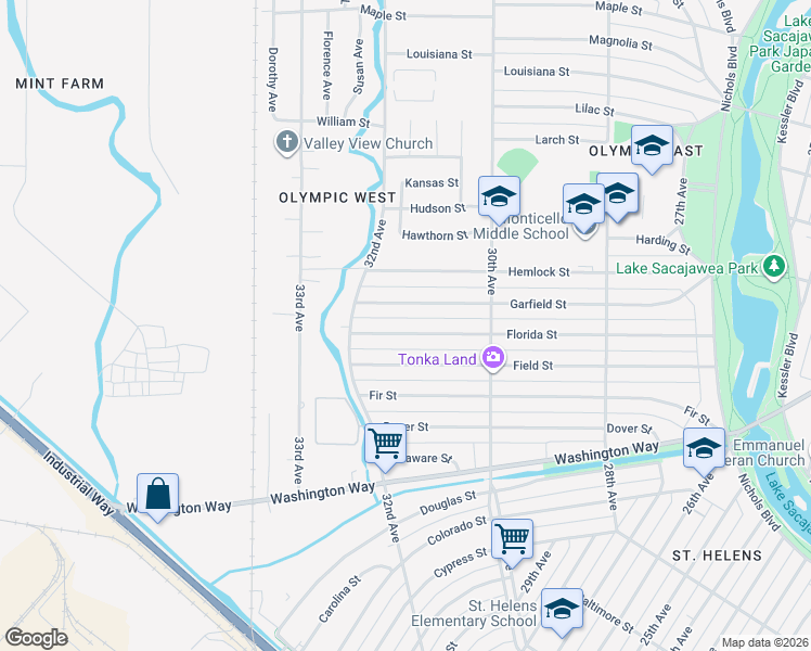 map of restaurants, bars, coffee shops, grocery stores, and more near 3125 Garfield Street in Longview