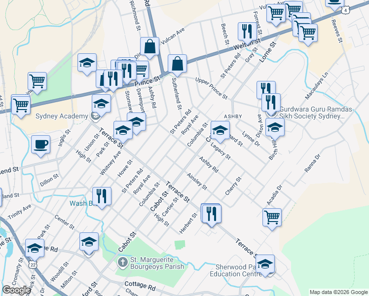 map of restaurants, bars, coffee shops, grocery stores, and more near 166 Ashby Road in Sydney