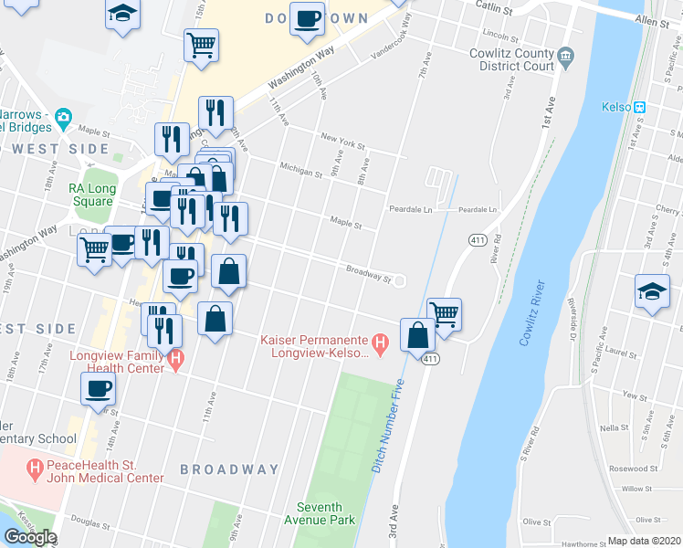 map of restaurants, bars, coffee shops, grocery stores, and more near 727 Broadway Street in Longview
