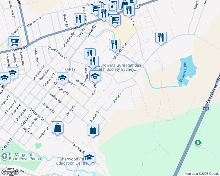 map of restaurants, bars, coffee shops, grocery stores, and more near 23 Youden Avenue in Sydney