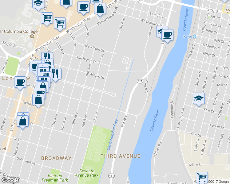 map of restaurants, bars, coffee shops, grocery stores, and more near 600 Broadway Street in Longview