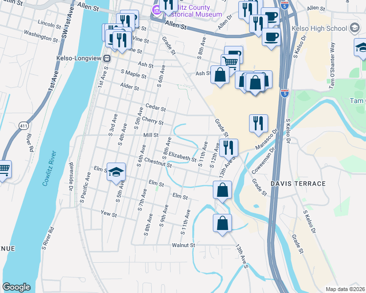 map of restaurants, bars, coffee shops, grocery stores, and more near 816 Coweeman Lane in Kelso