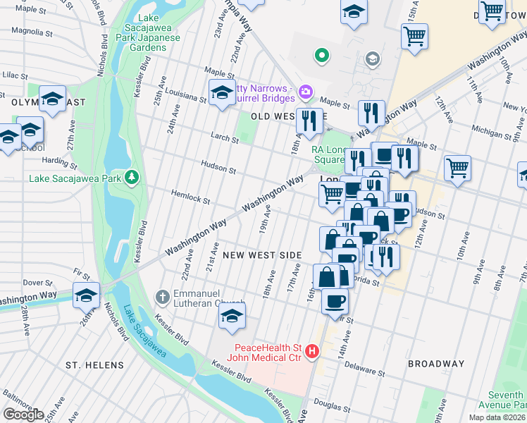 map of restaurants, bars, coffee shops, grocery stores, and more near 1159 19th Avenue in Longview