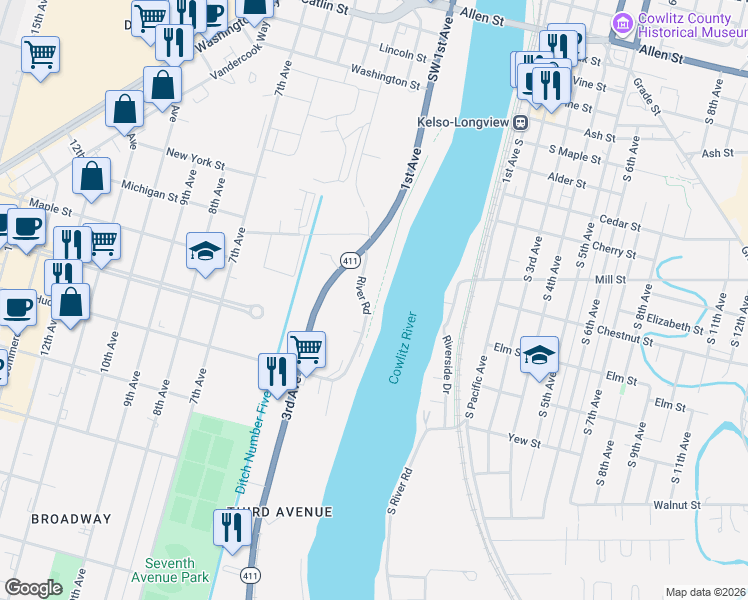 map of restaurants, bars, coffee shops, grocery stores, and more near 1506 River Road in Longview