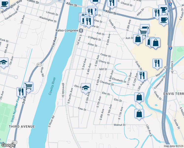 map of restaurants, bars, coffee shops, grocery stores, and more near 1007 South 5th Avenue in Kelso