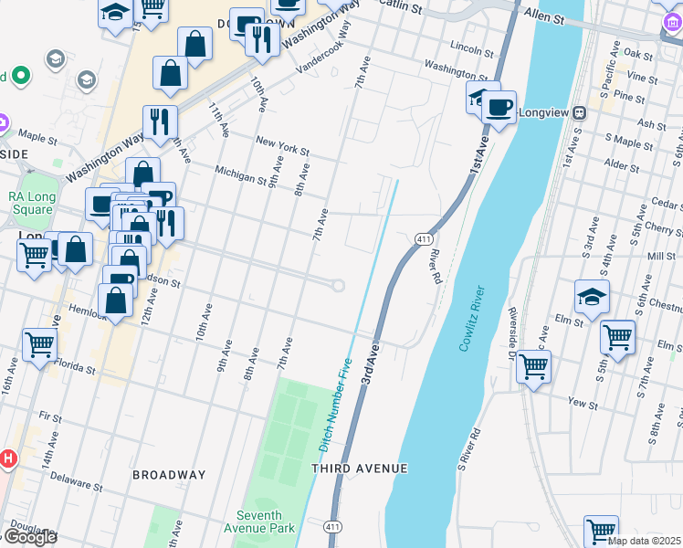 map of restaurants, bars, coffee shops, grocery stores, and more near 600 Broadway St in Longview