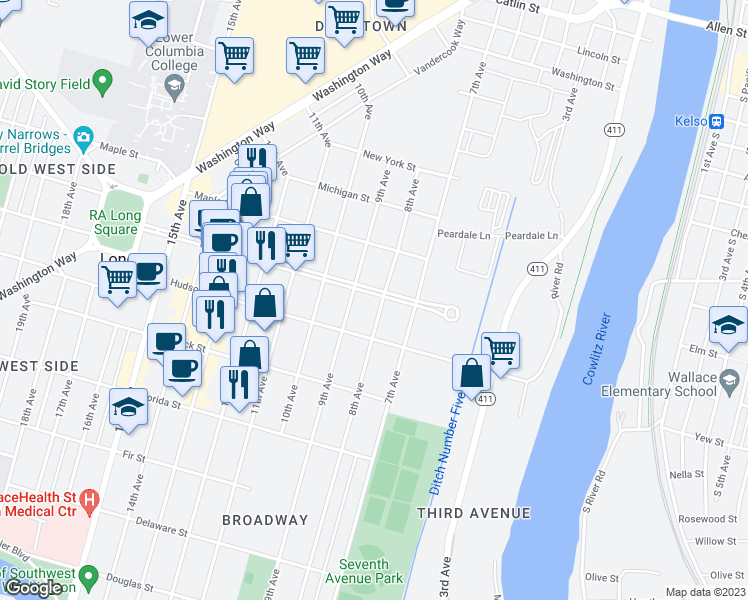 map of restaurants, bars, coffee shops, grocery stores, and more near 809 Broadway Street in Longview