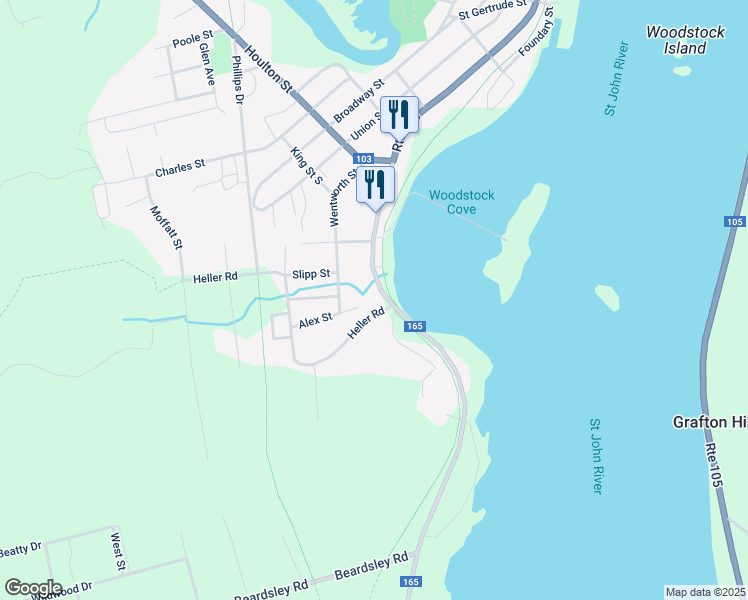 map of restaurants, bars, coffee shops, grocery stores, and more near 403 New Brunswick 165 in Lower Woodstock