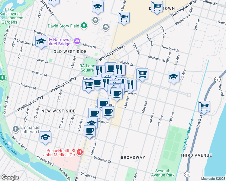 map of restaurants, bars, coffee shops, grocery stores, and more near 1351 Hudson Street in Longview