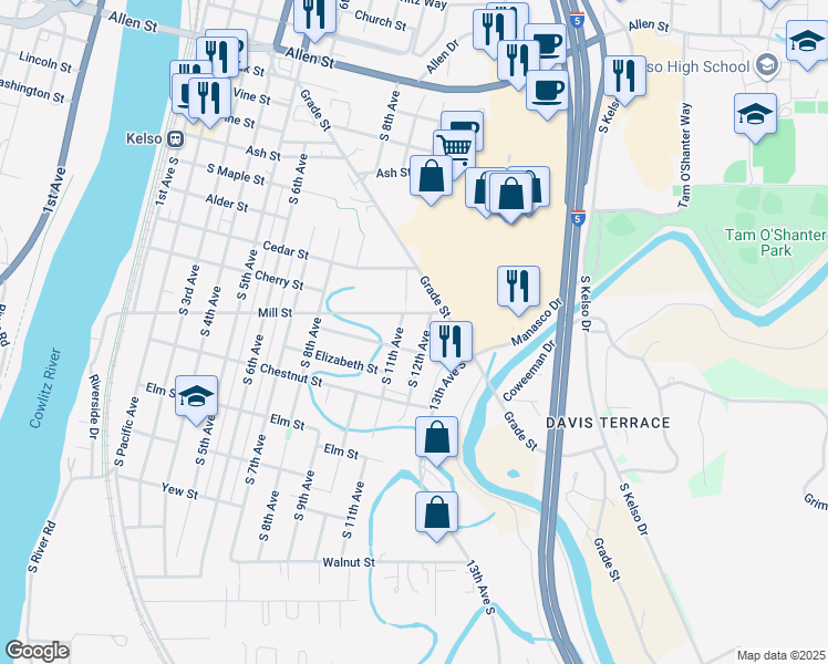 map of restaurants, bars, coffee shops, grocery stores, and more near 907 South 12th Avenue in Kelso