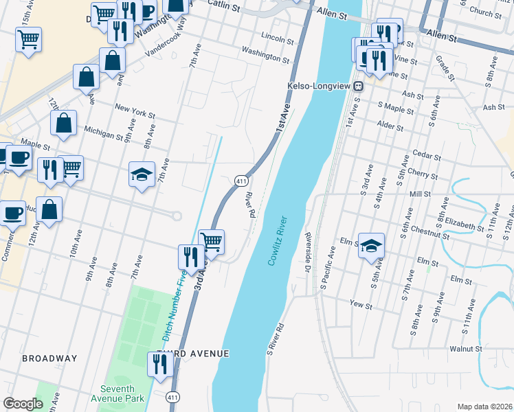 map of restaurants, bars, coffee shops, grocery stores, and more near 1508 River Road in Longview