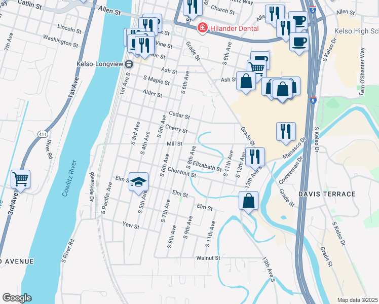 map of restaurants, bars, coffee shops, grocery stores, and more near 915 South 8th Avenue in Kelso