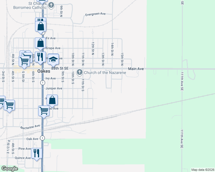 map of restaurants, bars, coffee shops, grocery stores, and more near 1318 Juniper Avenue in Oakes