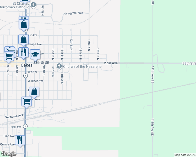 map of restaurants, bars, coffee shops, grocery stores, and more near 108 South 15th Street in Oakes