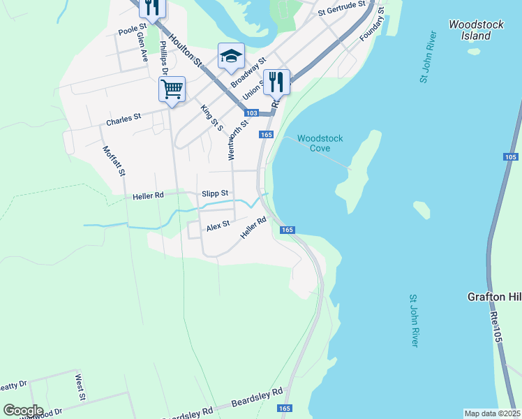 map of restaurants, bars, coffee shops, grocery stores, and more near 403 New Brunswick 165 in Lower Woodstock