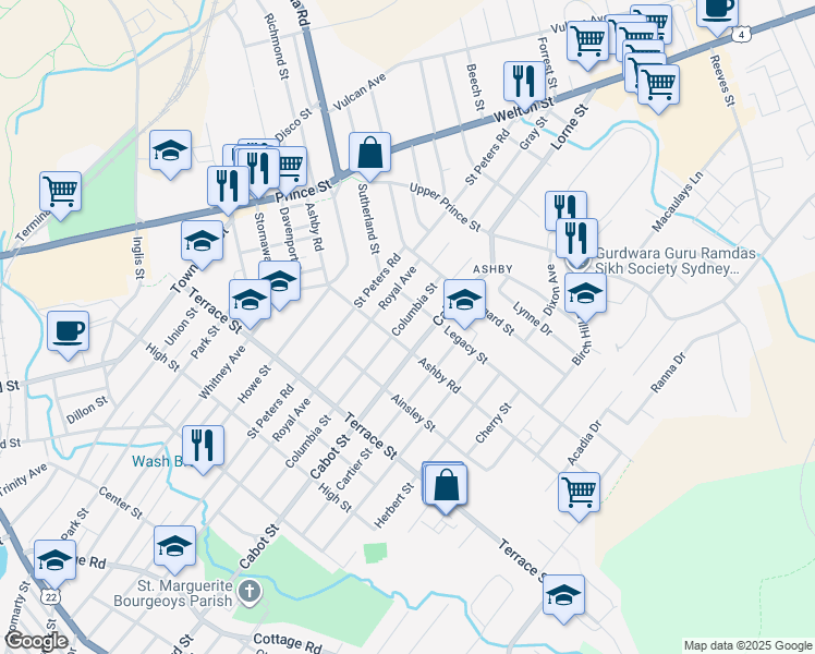 map of restaurants, bars, coffee shops, grocery stores, and more near 362 Columbia Street in Sydney