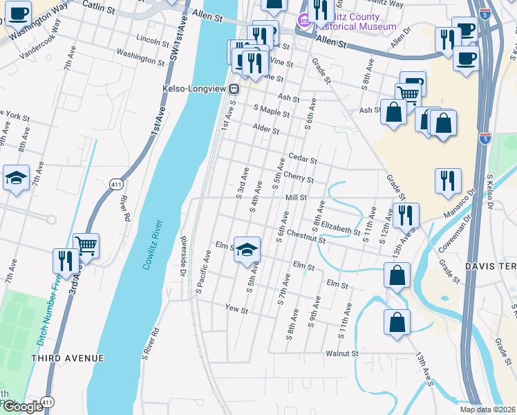 map of restaurants, bars, coffee shops, grocery stores, and more near 1007 South 5th Avenue in Kelso