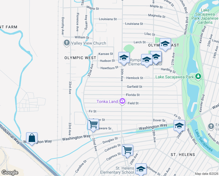 map of restaurants, bars, coffee shops, grocery stores, and more near 3043 Garfield Street in Longview