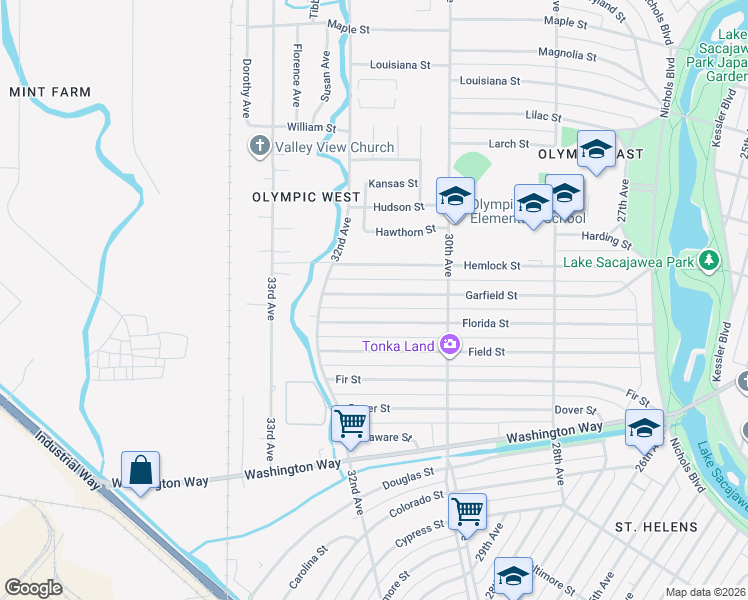 map of restaurants, bars, coffee shops, grocery stores, and more near 3125 Garfield Street in Longview