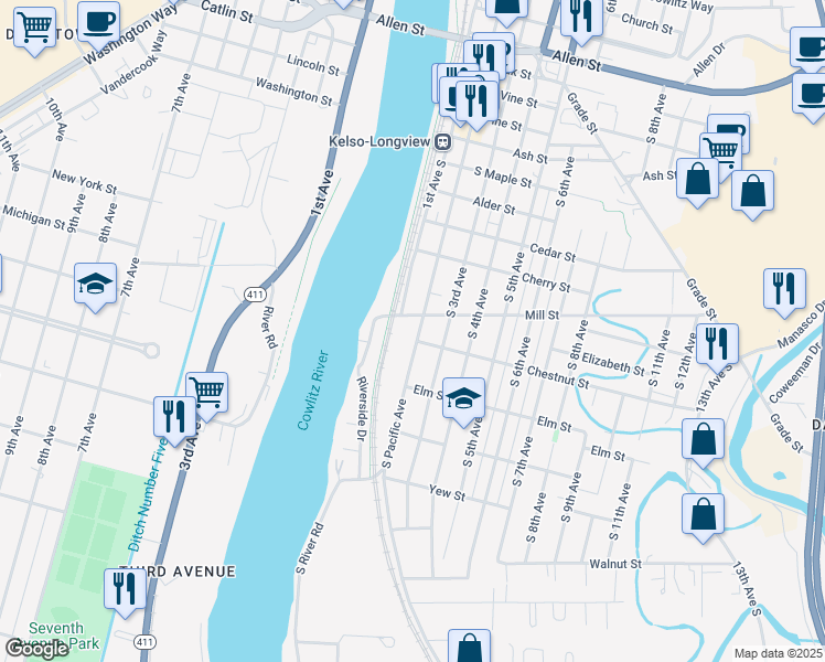 map of restaurants, bars, coffee shops, grocery stores, and more near 8 Mill Street in Kelso