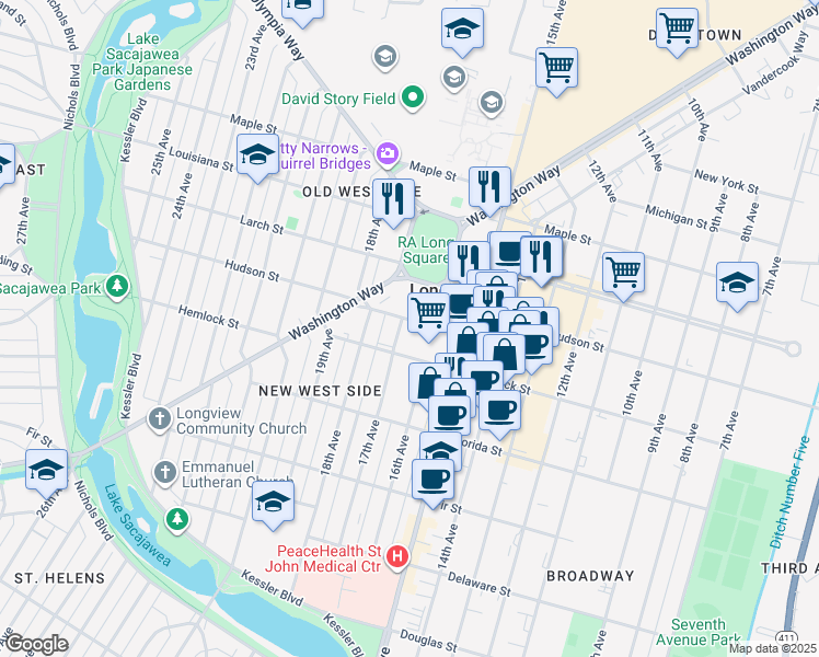 map of restaurants, bars, coffee shops, grocery stores, and more near 1223 17th Avenue in Longview