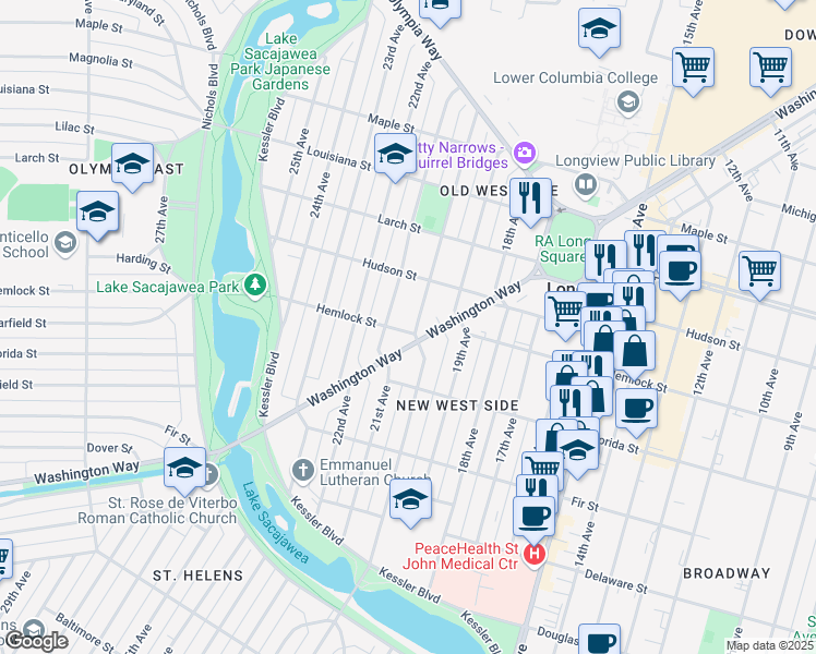 map of restaurants, bars, coffee shops, grocery stores, and more near in Longview
