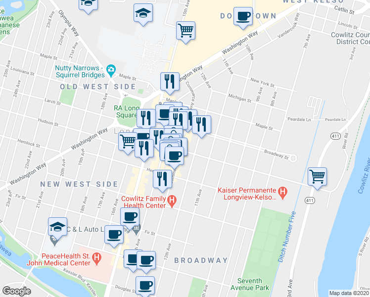 map of restaurants, bars, coffee shops, grocery stores, and more near 1250 Hudson Street in Longview