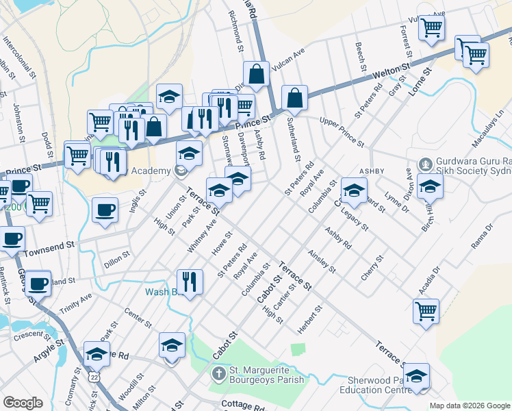 map of restaurants, bars, coffee shops, grocery stores, and more near 160 Howe Street in Sydney