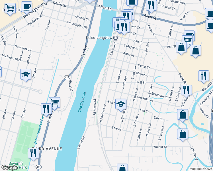 map of restaurants, bars, coffee shops, grocery stores, and more near 8 Mill Street in Kelso