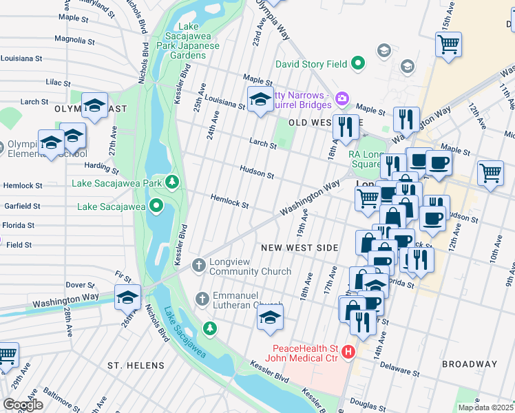 map of restaurants, bars, coffee shops, grocery stores, and more near 2030 Hemlock Street in Longview