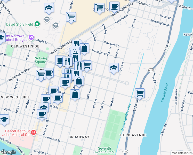 map of restaurants, bars, coffee shops, grocery stores, and more near 935 Broadway Street in Longview